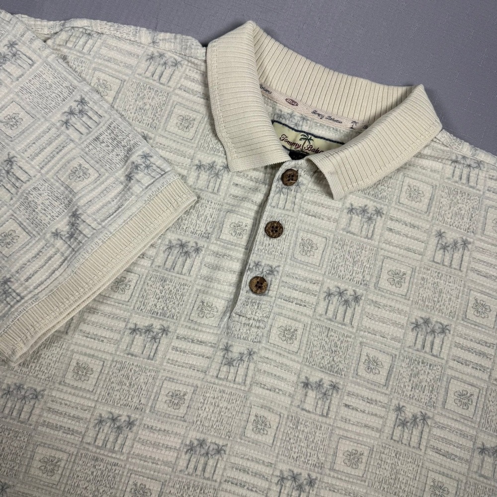 Tommy Bahama Mens XL Silk Cotton Polo Shirt Beige Tropical Palm Floral Jacquard